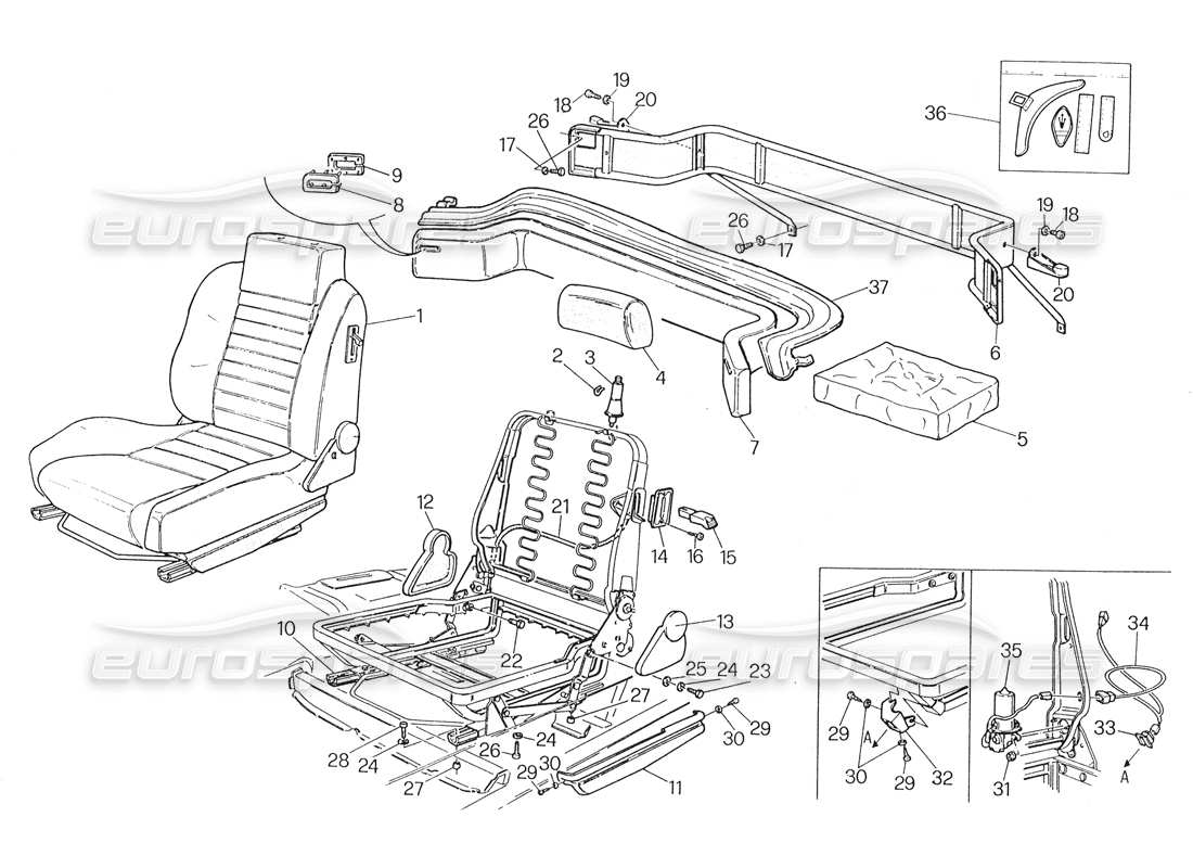 maserati biturbo spider diagramma delle parti dei sedili anteriori e posteriori
