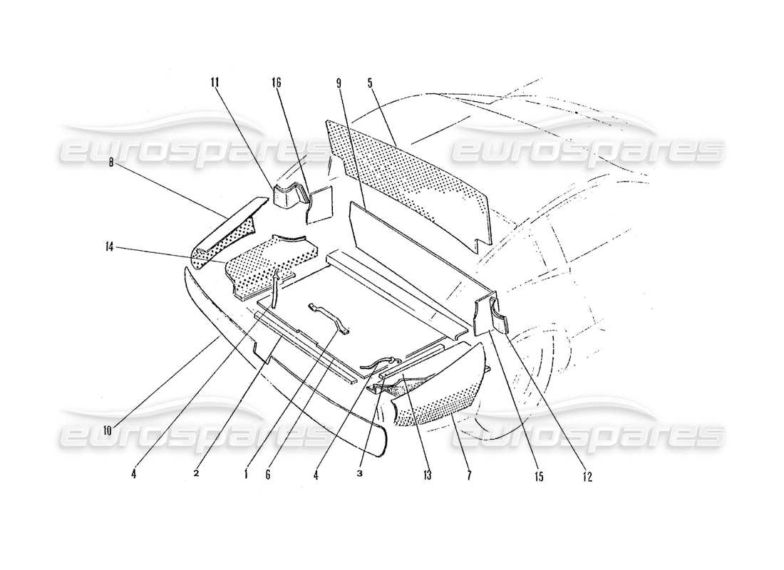 ferrari 365 gtc4 (coachwork) diagramma delle parti della moquette del cofano interno del bagagliaio