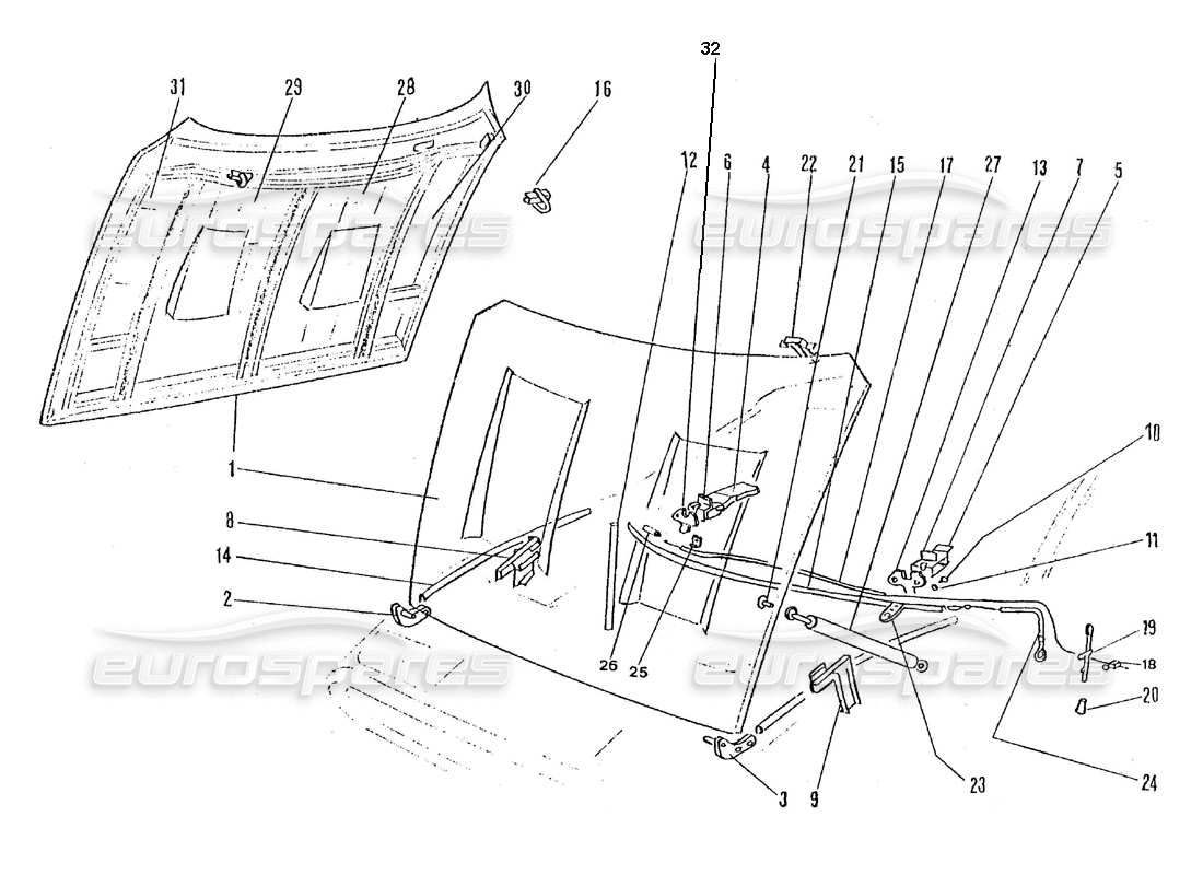 ferrari 365 gtc4 (coachwork) schema delle parti del cofano anteriore
