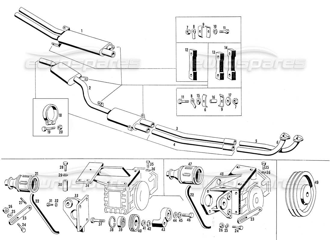 maserati mistral 3.7 diagramma delle parti dei tubi di scarico e della staffa del compressore