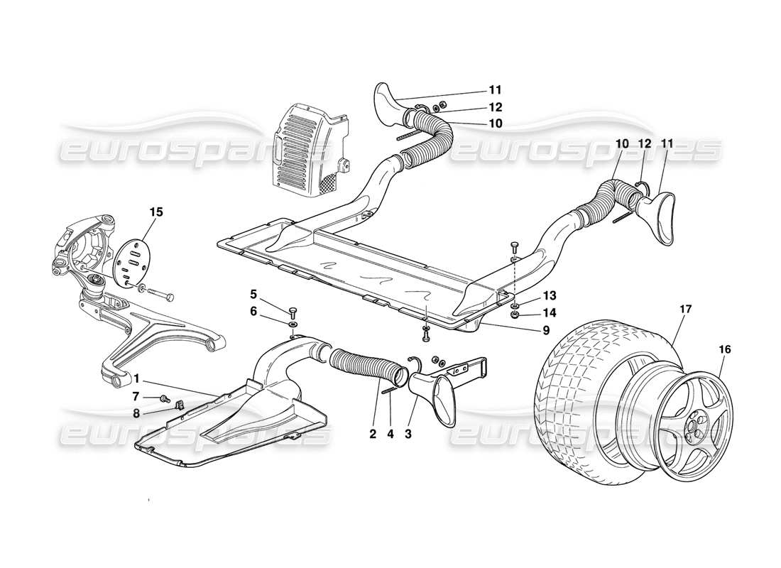 ferrari 348 challenge (1995) diagramma delle parti di ruote e prese d'aria dei freni