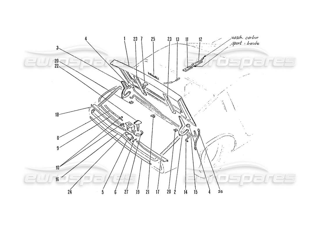 ferrari 365 gtc4 (coachwork) diagramma delle parti del cofano del bagagliaio posteriore