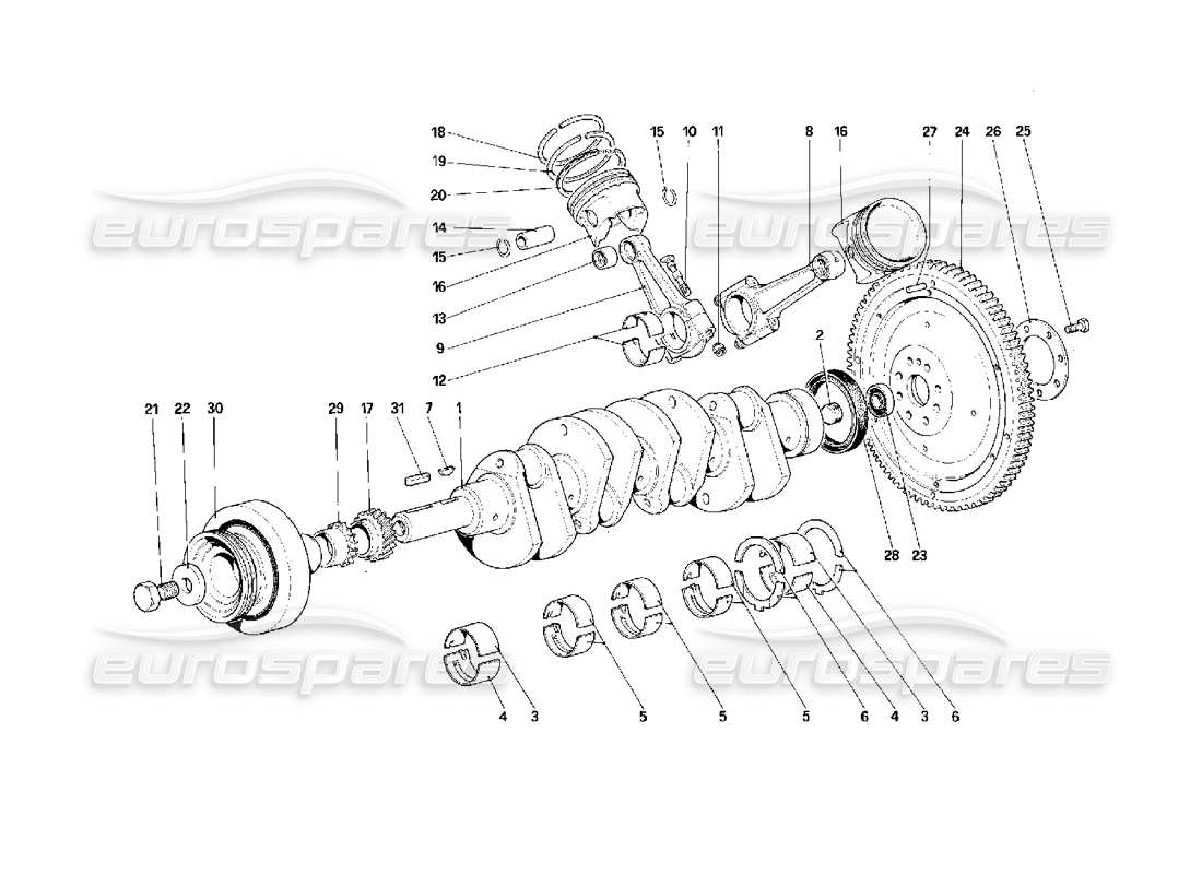 ferrari f40 schema delle parti albero motore - bielle e pistoni - volano motore