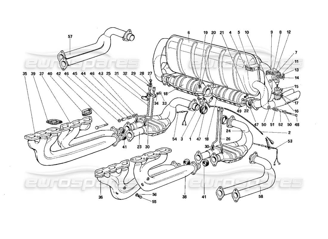 ferrari testarossa (1987) diagramma delle parti del sistema di scarico (per stati uniti - sa e ch87).