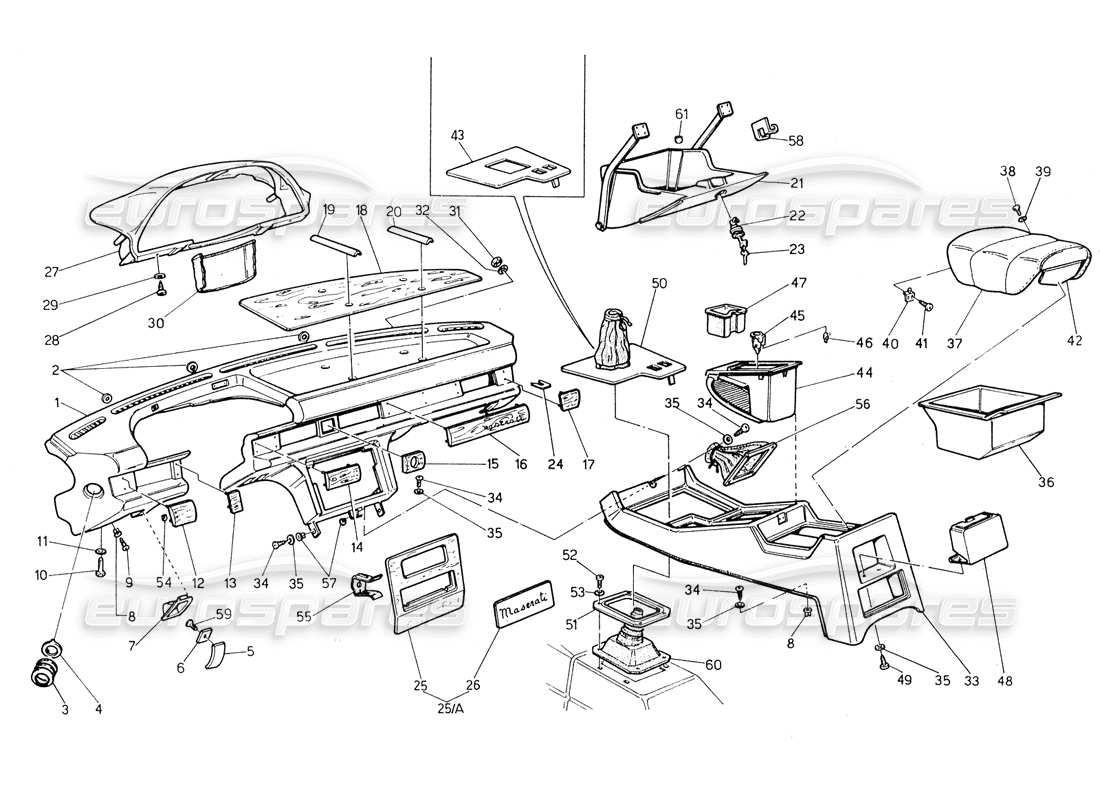 maserati biturbo spider schema delle parti del pannello strumenti e della console (sterzo sinistro).