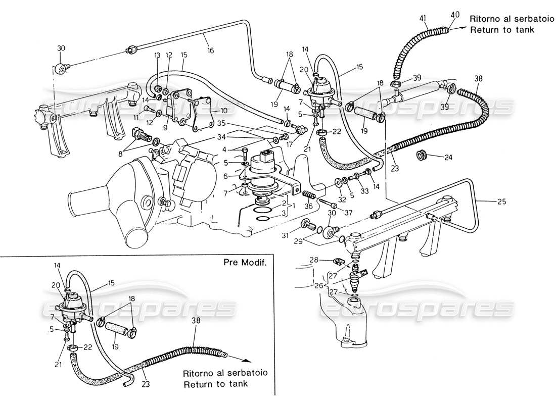 maserati 222 / 222e biturbo sistema di iniezione - accessori diagramma delle parti