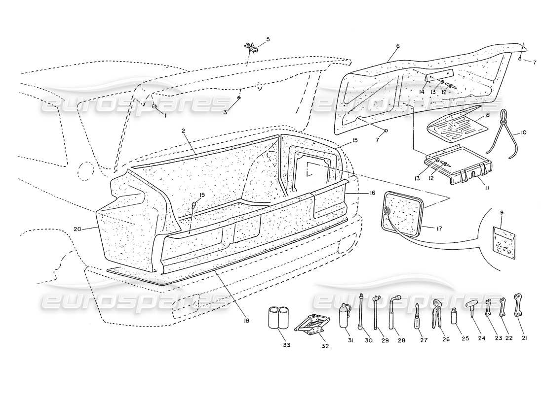 maserati ghibli 2.8 (non abs) diagramma delle parti del coperchio del bagagliaio, della mostrina, della rifinitura e degli strumenti