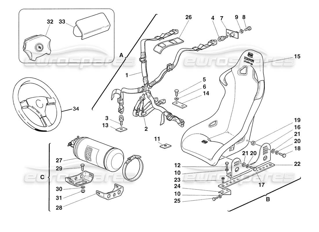 ferrari 355 challenge (1999) schema delle parti cinture di sicurezza del sedile - sedile - estintore