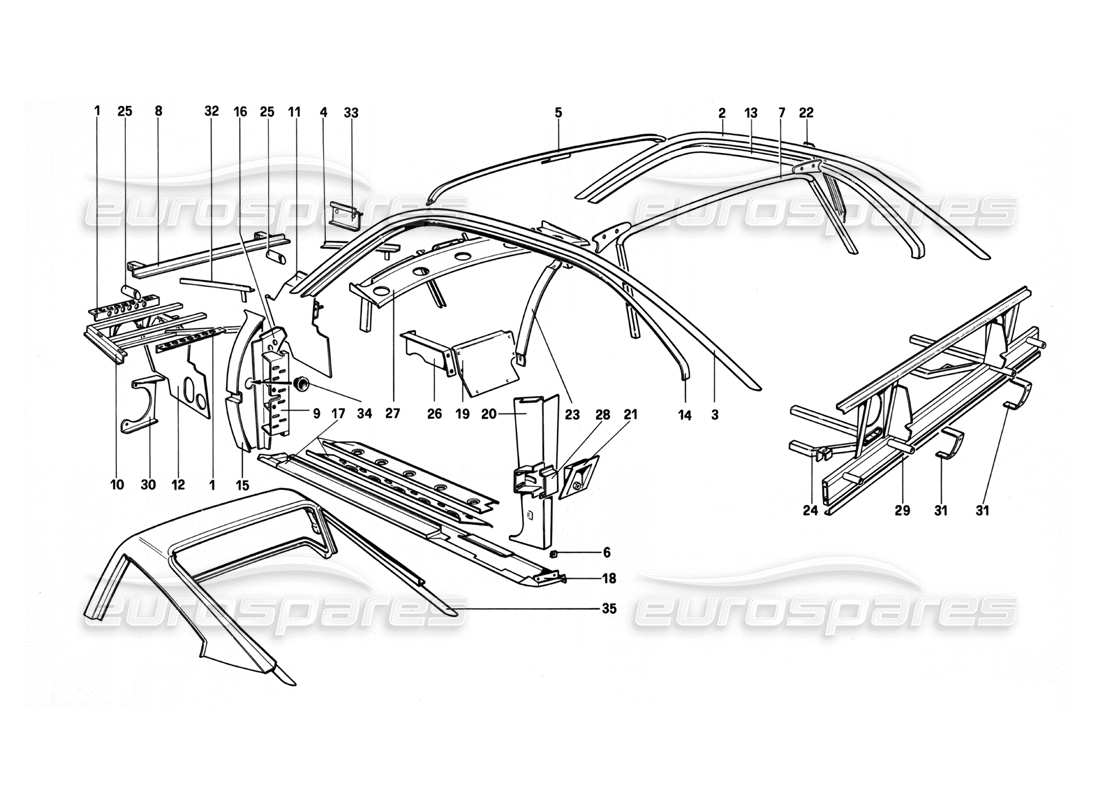 ferrari 208 turbo (1982) scocca - elementi interni diagramma delle parti