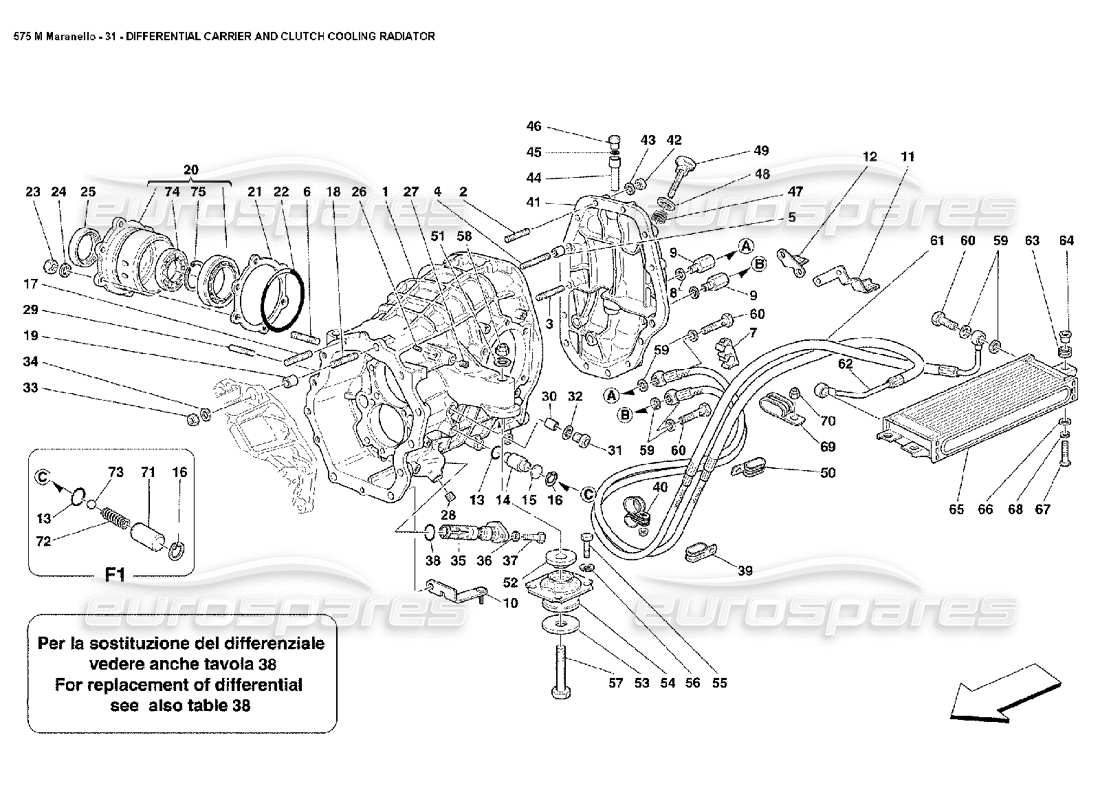 ferrari 575m maranello diagramma delle parti del supporto differenziale e del radiatore di raffreddamento della frizione