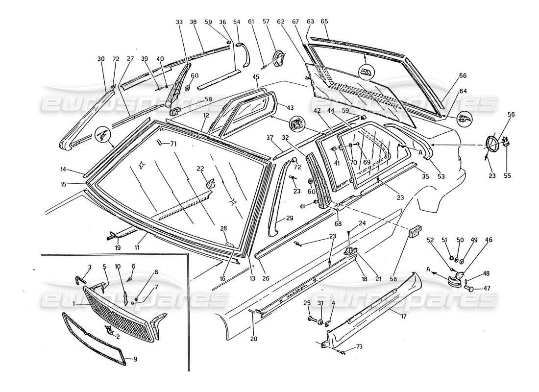 maserati 2.24v griglia radiatore-finiture-vetri fissi diagramma delle parti