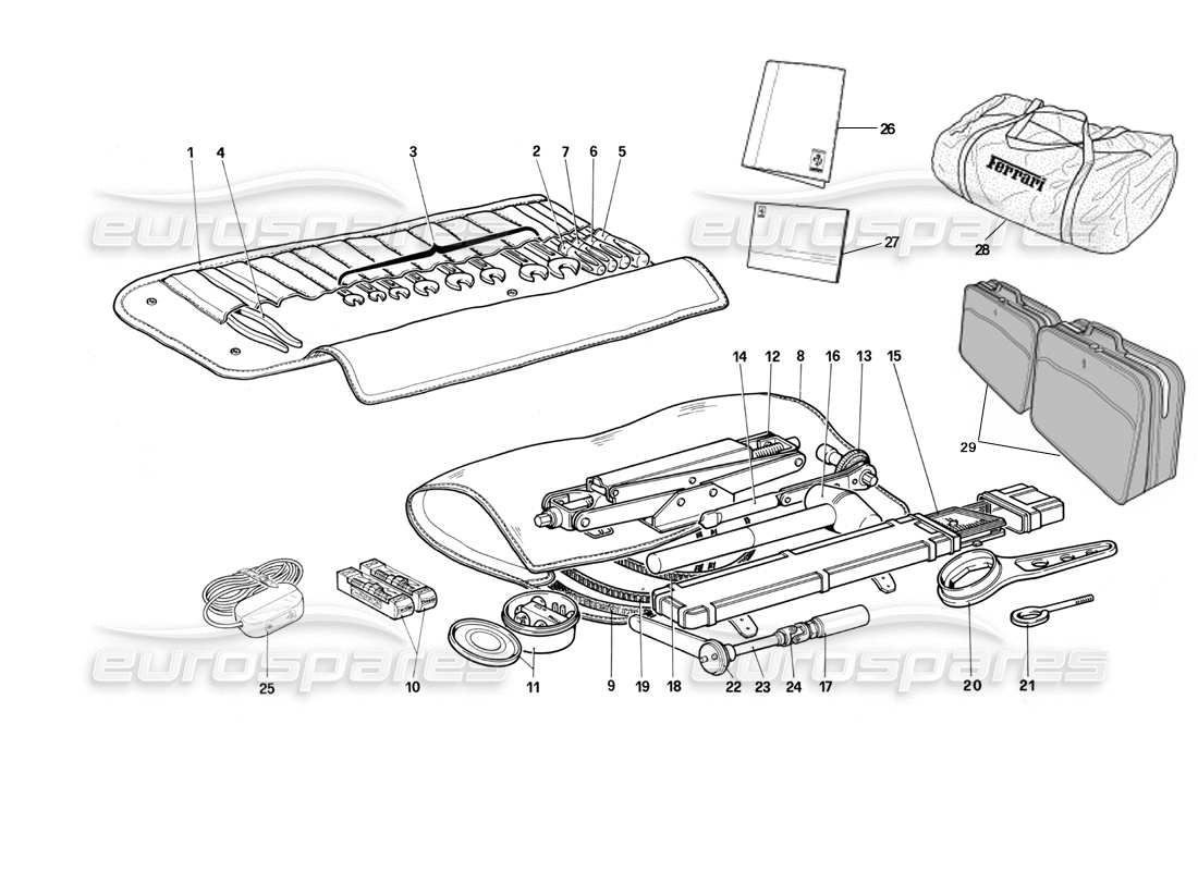 ferrari testarossa (1987) schema delle parti del kit attrezzi