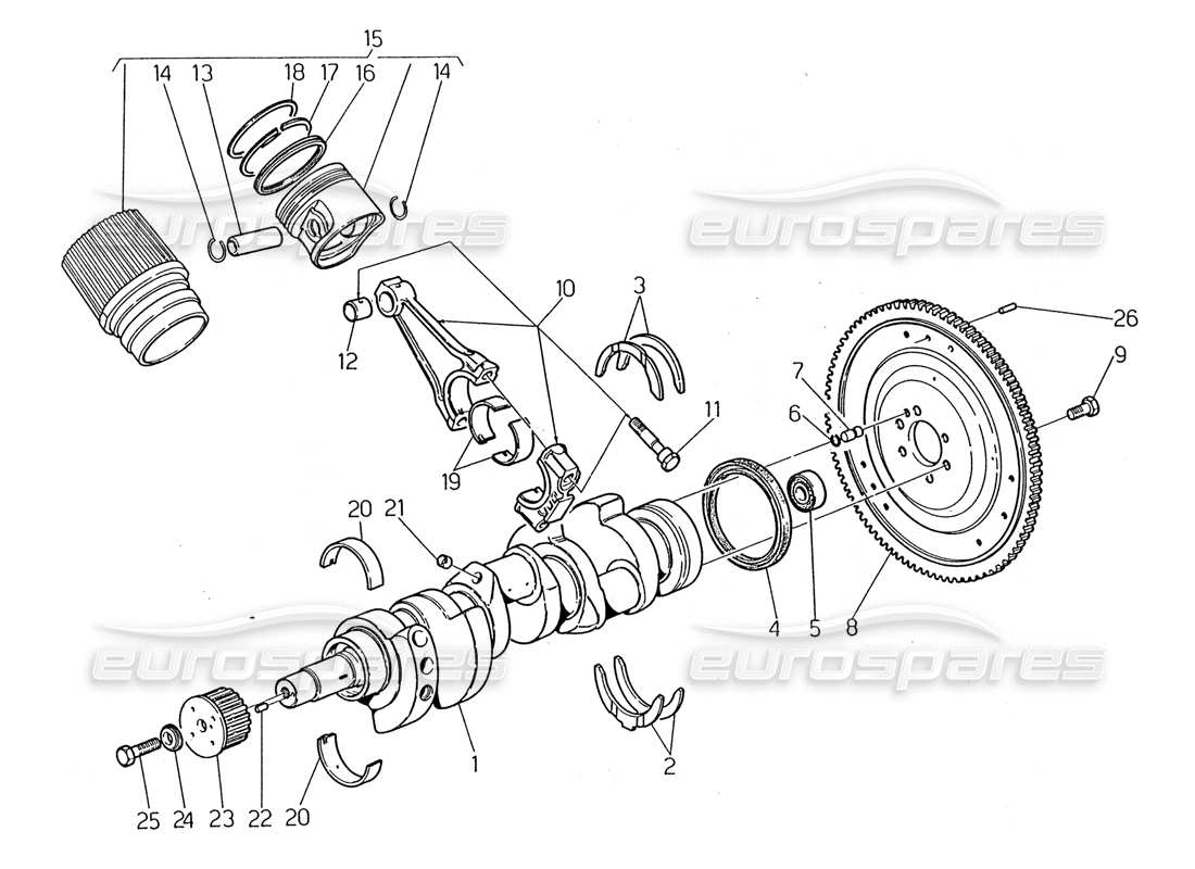 maserati 2.24v albero motore: schema delle parti pistoni, bielle e volano