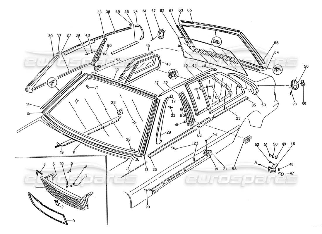 maserati 222 / 222e biturbo schema delle parti griglia radiatore-finiture-vetri fissi