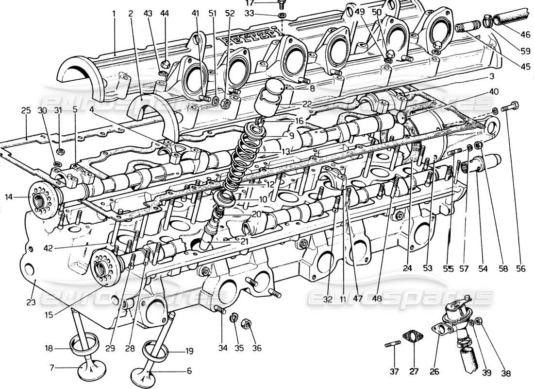 ferrari 365 gt4 2+2 (1973) testata (sinistra) diagramma delle parti