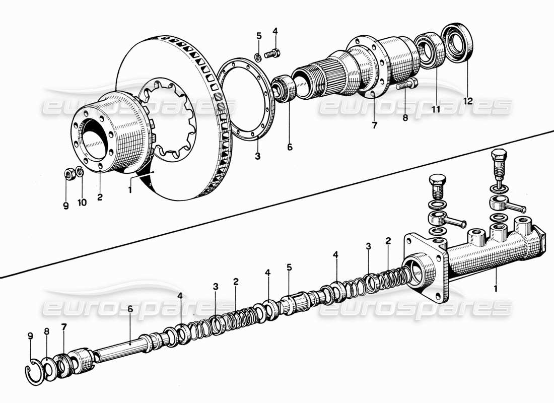 ferrari 365 gt 2+2 (mechanical) schema delle parti del disco freno anteriore e della pompa freno