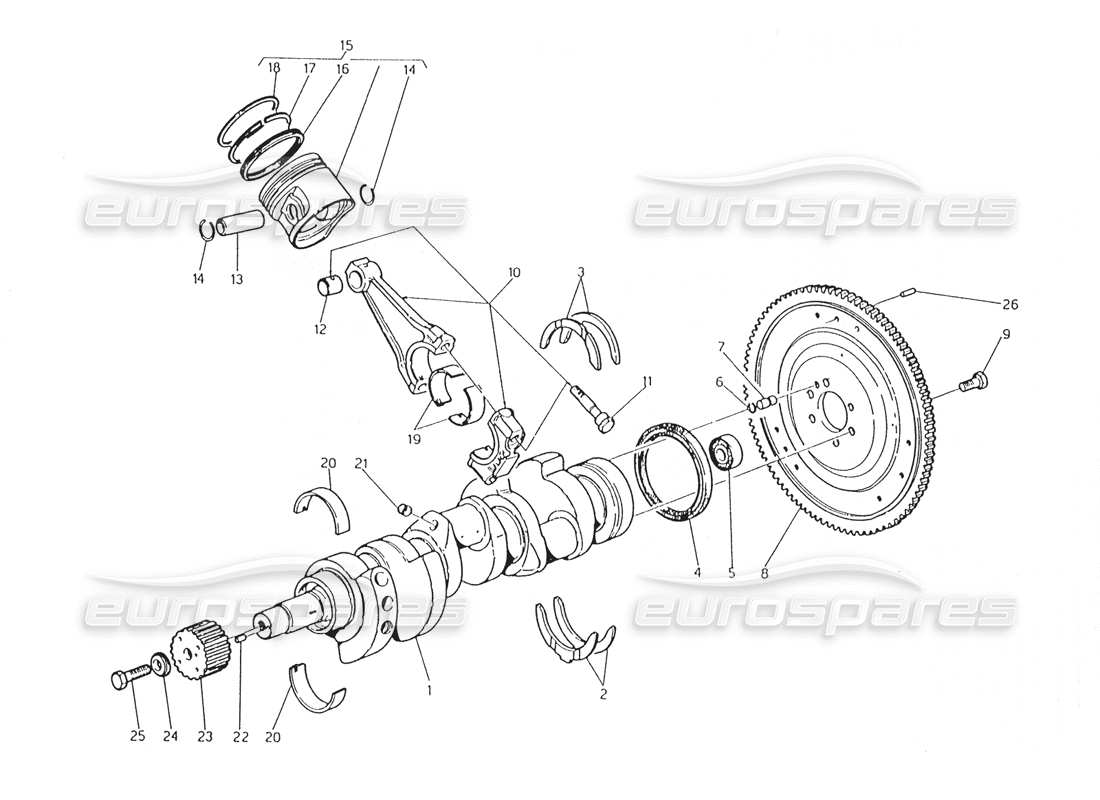 maserati karif 2.8 schema delle parti albero motore - pistoni - bielle e volano