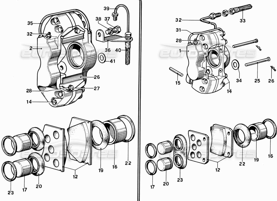 ferrari 365 gt 2+2 (mechanical) diagramma delle parti delle pinze dei freni anteriori e posteriori