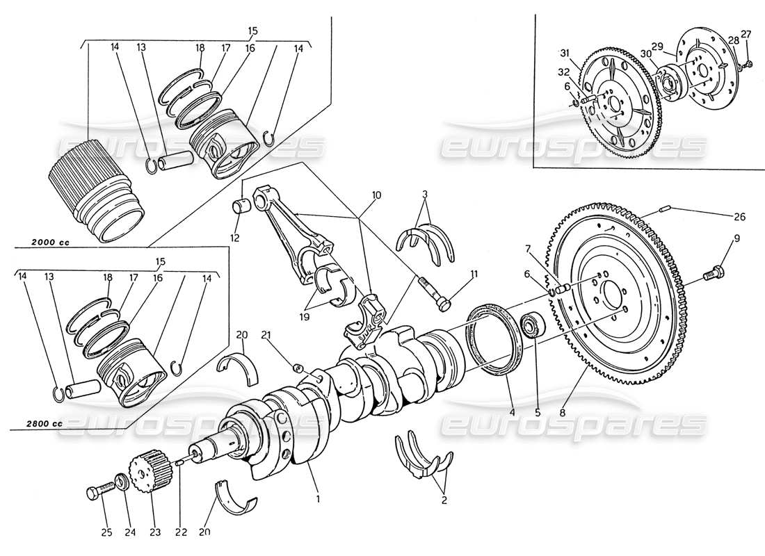 maserati 222 / 222e biturbo schema delle parti albero motore - pistoni - bielle e volano