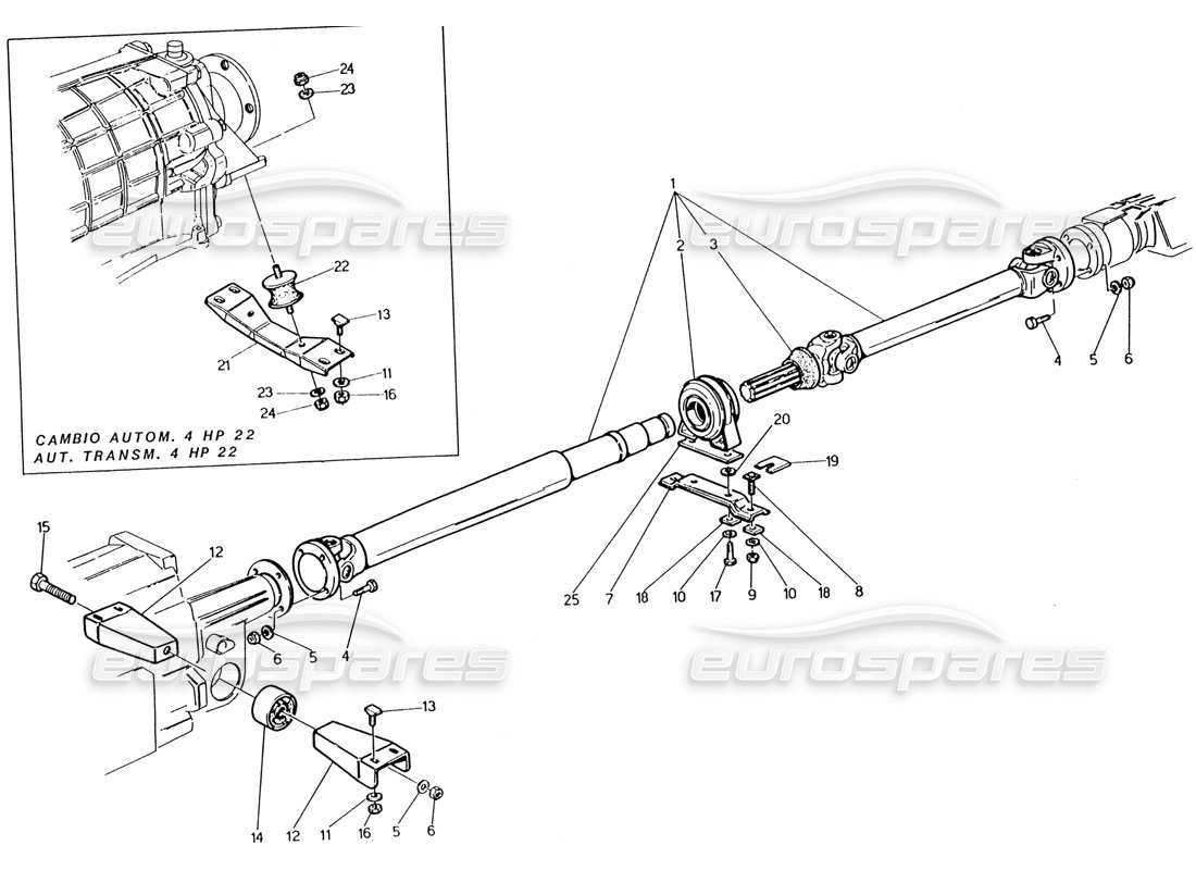 maserati 222 / 222e biturbo diagramma delle parti dell'albero dell'elica e del supporto