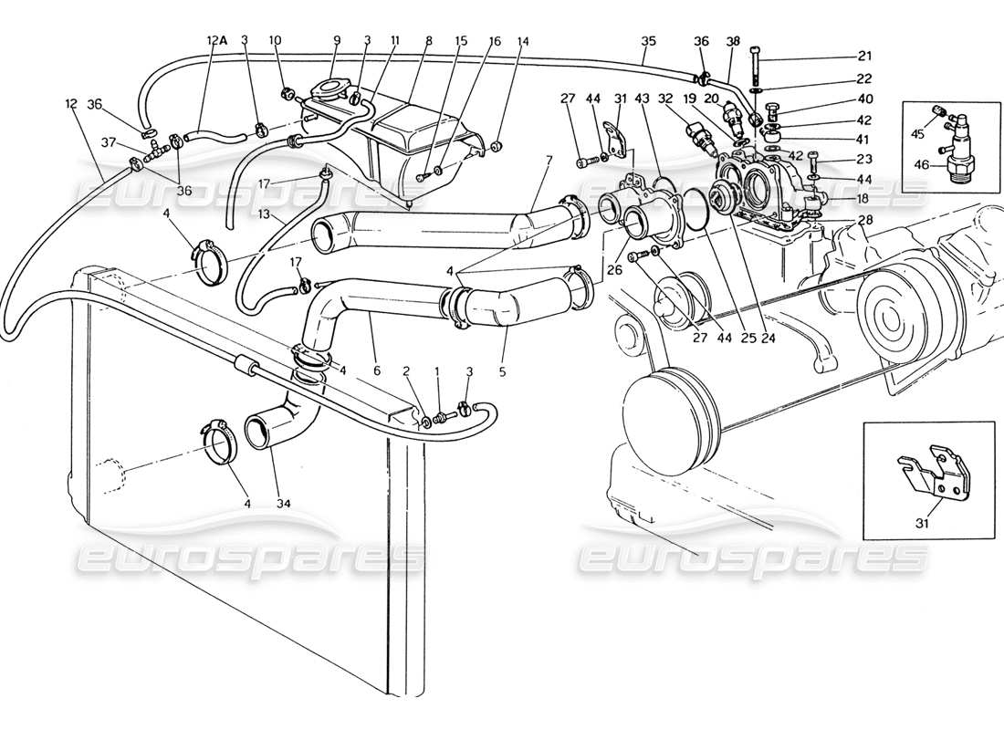 maserati 222 / 222e biturbo diagramma delle parti dei tubi di raffreddamento del motore e del termostato
