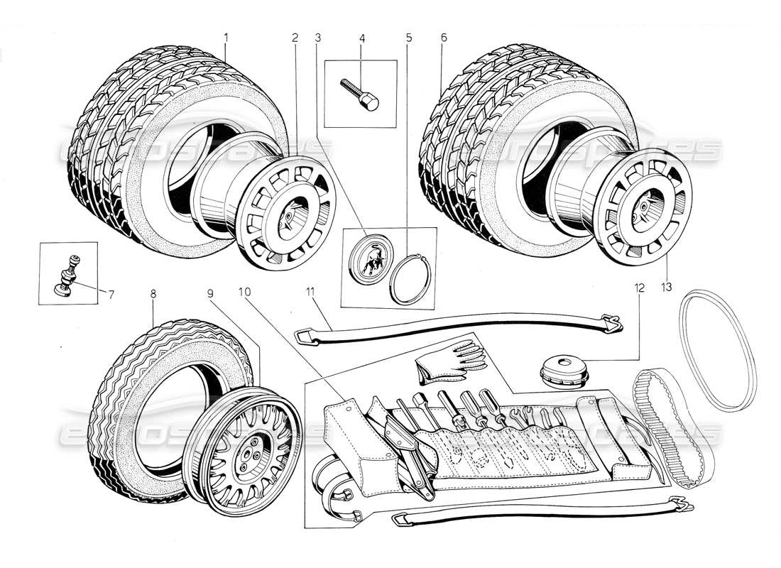 lamborghini jalpa 3.5 (1984) schema delle parti del kit di attrezzi, pneumatici e cerchioni