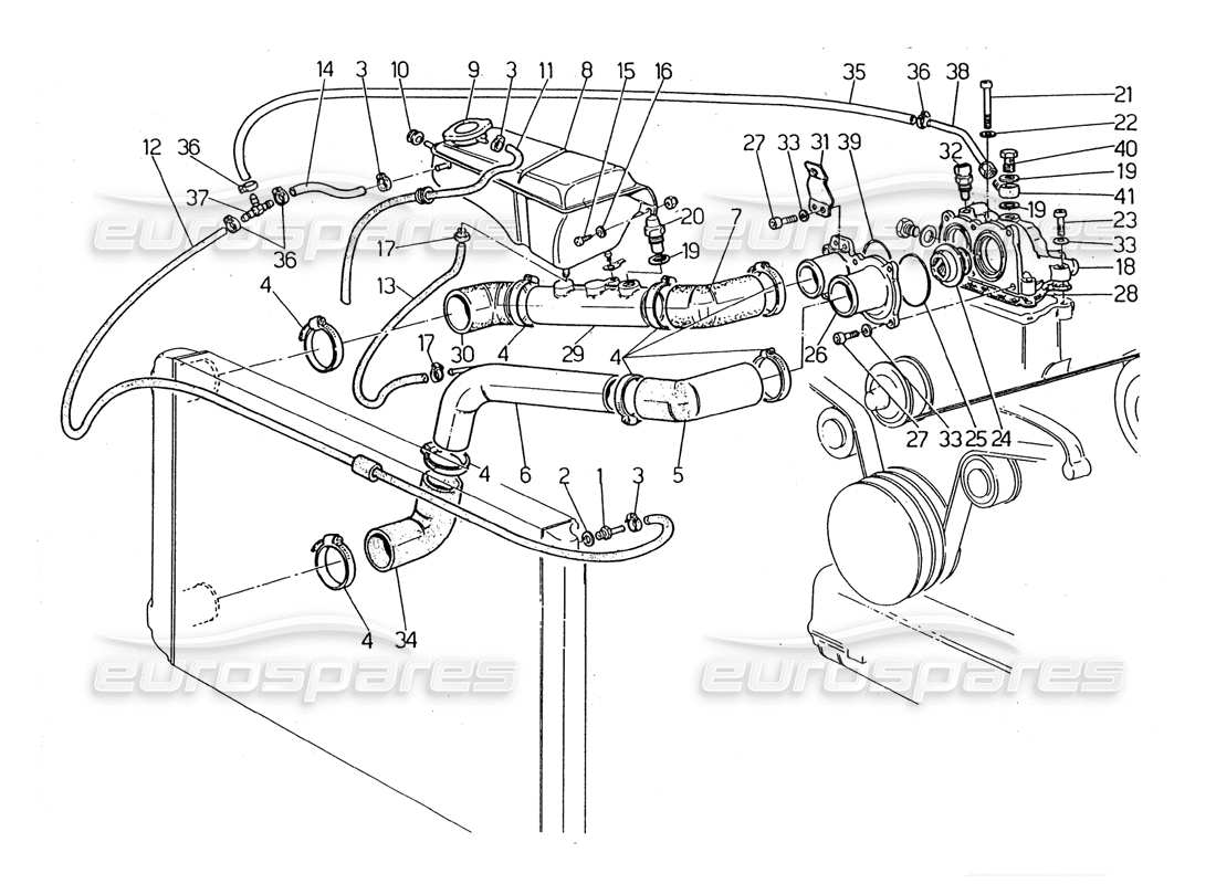 maserati 2.24v diagramma delle parti dei tubi di raffreddamento del motore e del termostato