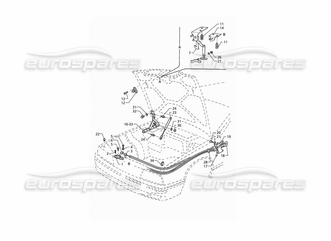 maserati qtp v6 (1996) cofano: diagramma delle cerniere e delle parti di rilascio del cofano