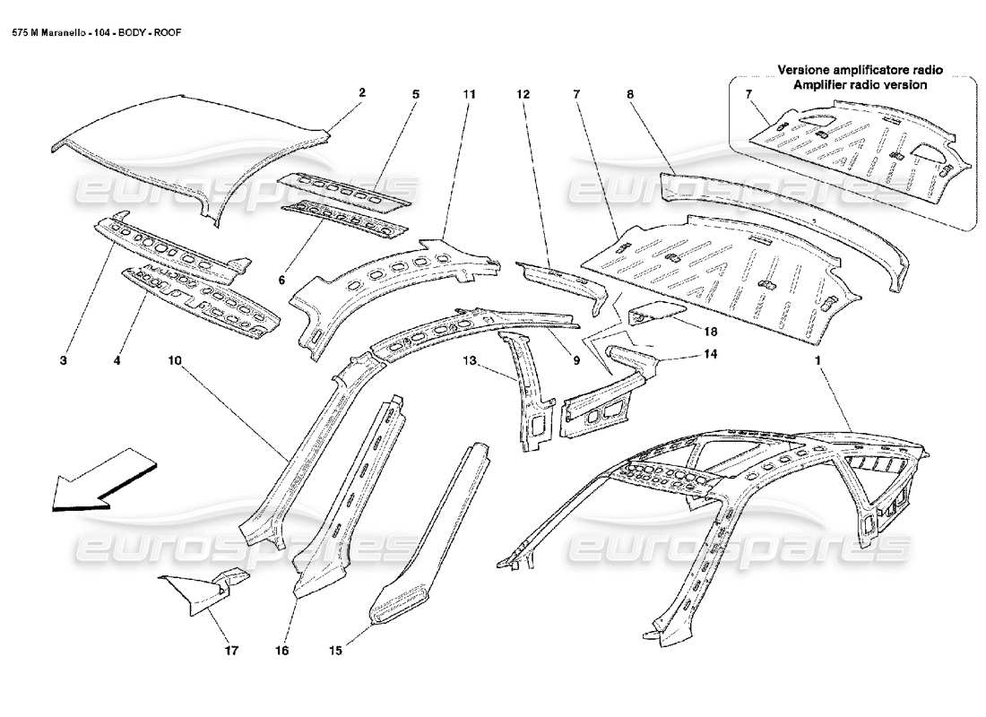 ferrari 575m maranello diagramma della parte del tetto del corpo