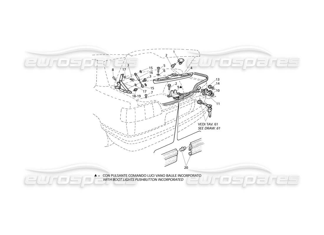maserati qtp v8 evoluzione coperchio del bagagliaio: cerniere, diagramma delle parti di rilascio del coperchio del bagagliaio