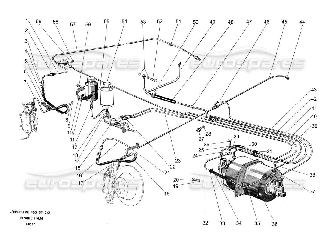 lamborghini 400 gt sistema di frenaggio diagramma delle parti