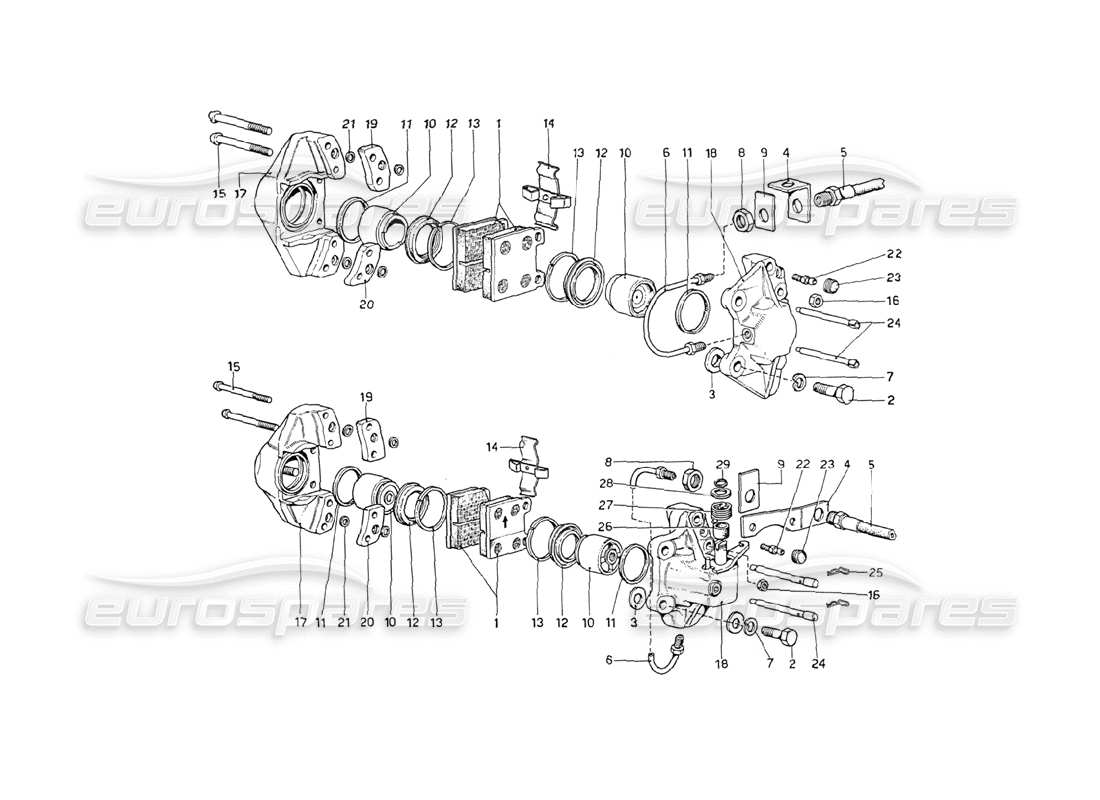 ferrari 208 gt4 dino (1975) schema delle parti delle pinze dei freni anteriori e posteriori