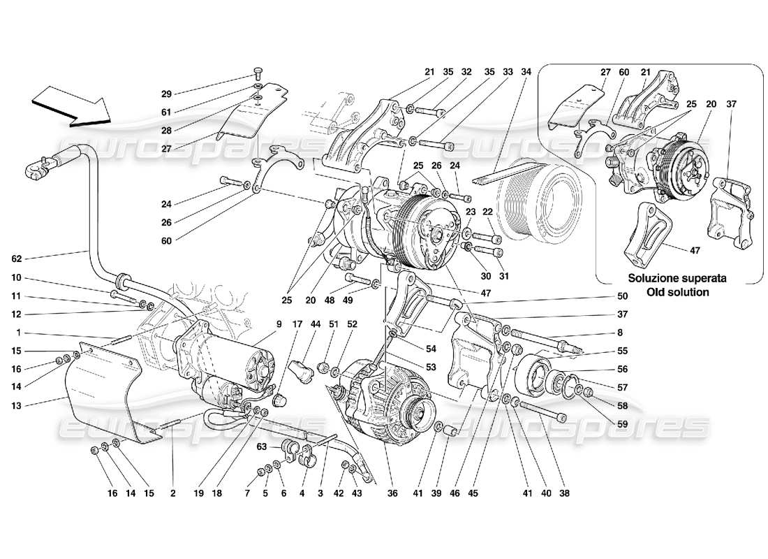 ferrari 456 gt/gta diagramma delle parti del motorino di avviamento dell'alternatore e del compressore ca