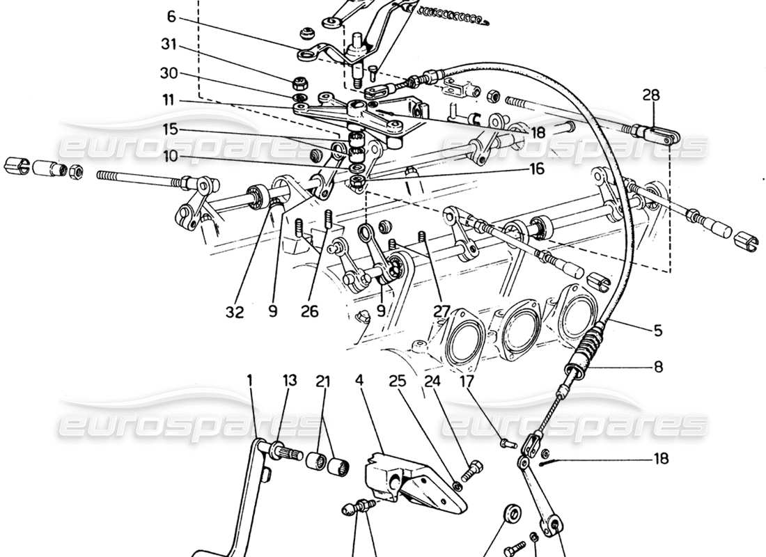 ferrari 365 gt4 2+2 (1973) diagramma delle parti del comando dell'acceleratore (variante per versioni con guida a destra).