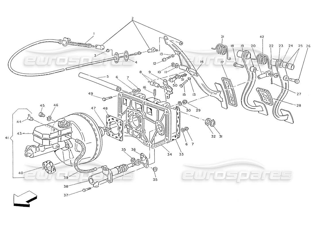 maserati ghibli 2.8 (non abs) schema delle parti della pedaliera, del servofreno e della pompa della frizione