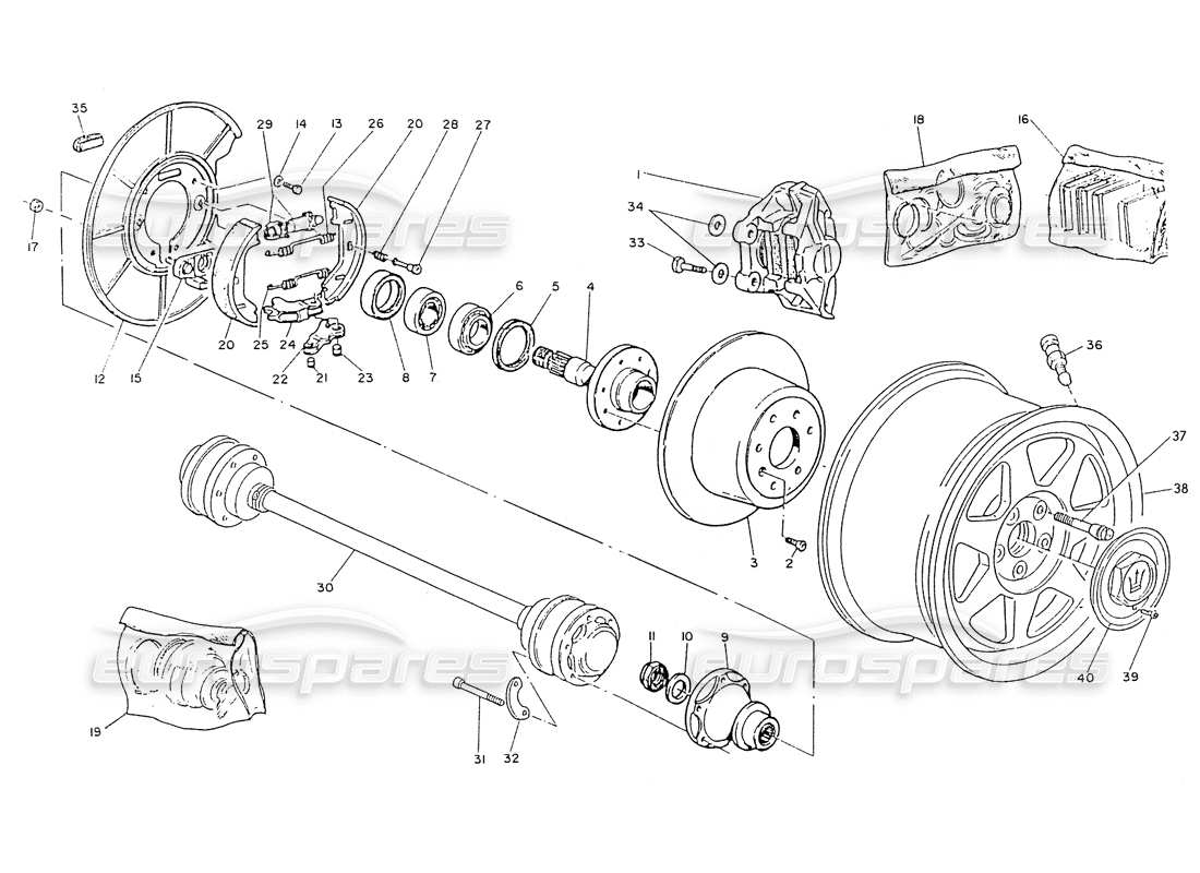 maserati ghibli 2.8 (non abs) ruote posteriori, mozzi, freni e semiassi diagramma delle parti