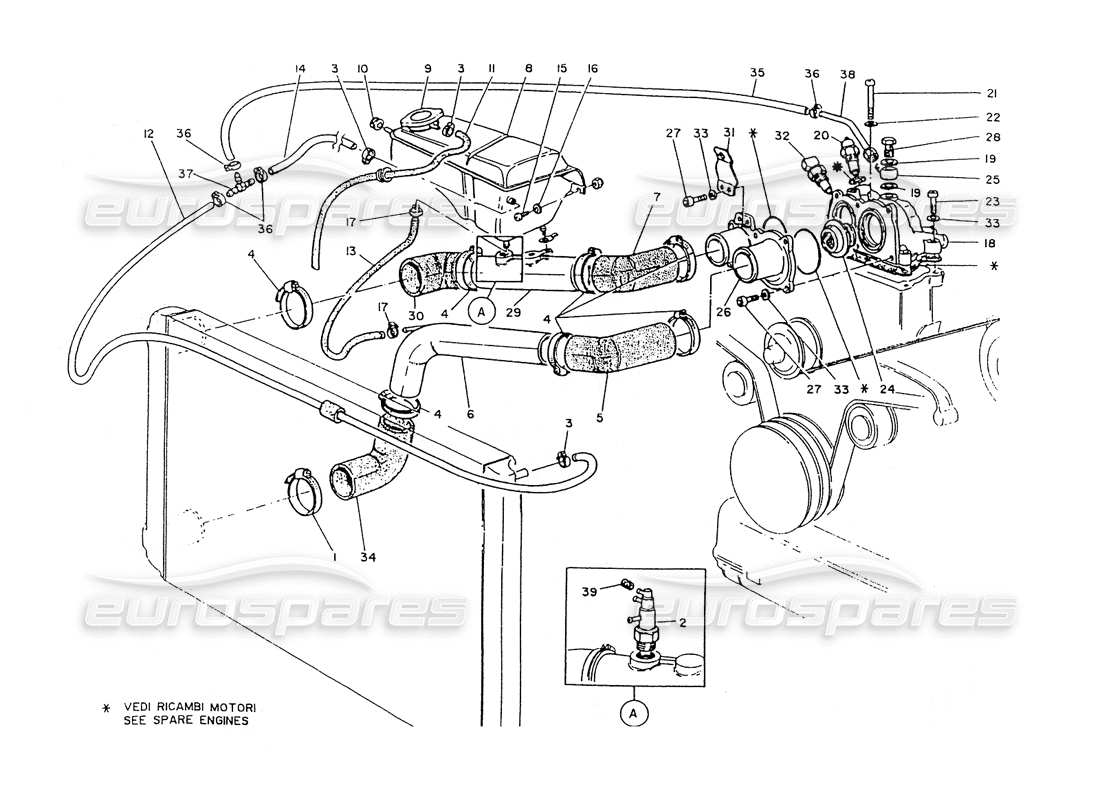 maserati ghibli 2.8 (non abs) termostato di raffreddamento del motore. stivale diagramma delle parti