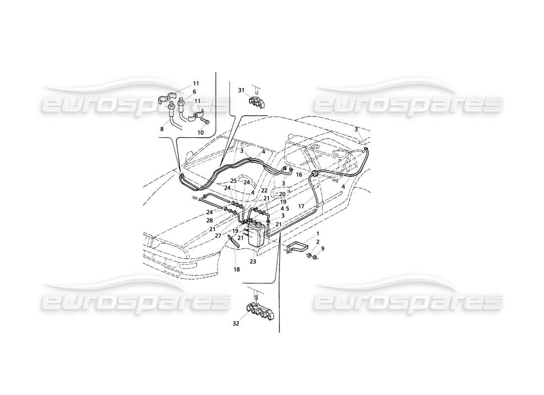 maserati qtp v8 evoluzione evaporare. schema delle parti del sistema di recupero vapori e dei tubi del carburante