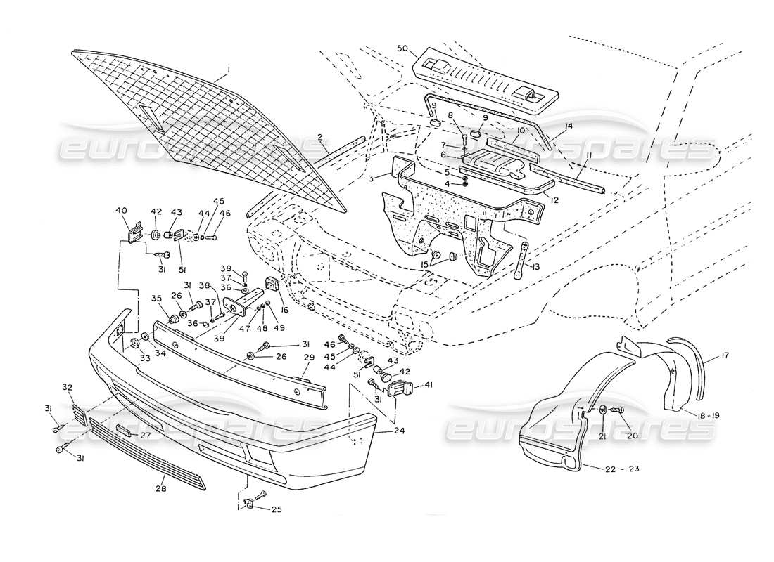 maserati ghibli 2.8 (non abs) diagramma delle parti di rivestimento interno del paraurti anteriore e del cofano