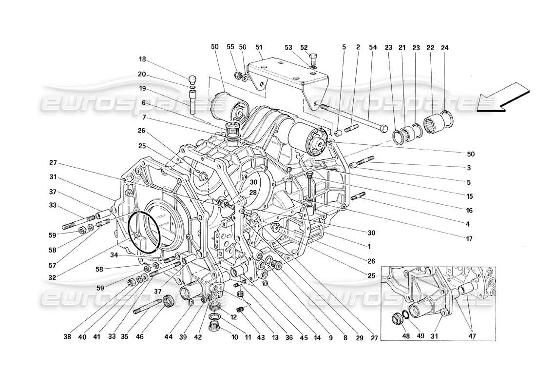 ferrari 348 (1993) tb / ts cambio: schema delle parti dell'alloggiamento del differenziale e dell'involucro intermedio