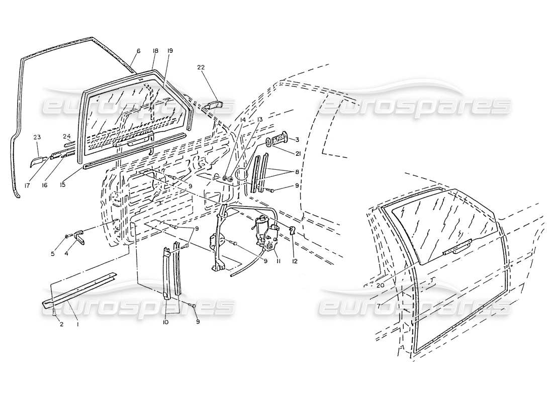 maserati ghibli 2.8 (non abs) porte: diagramma delle parti dell'ascensore per vetri e finestre