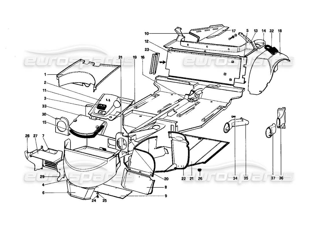 ferrari 208 turbo (1982) scocca - elementi interni diagramma delle parti