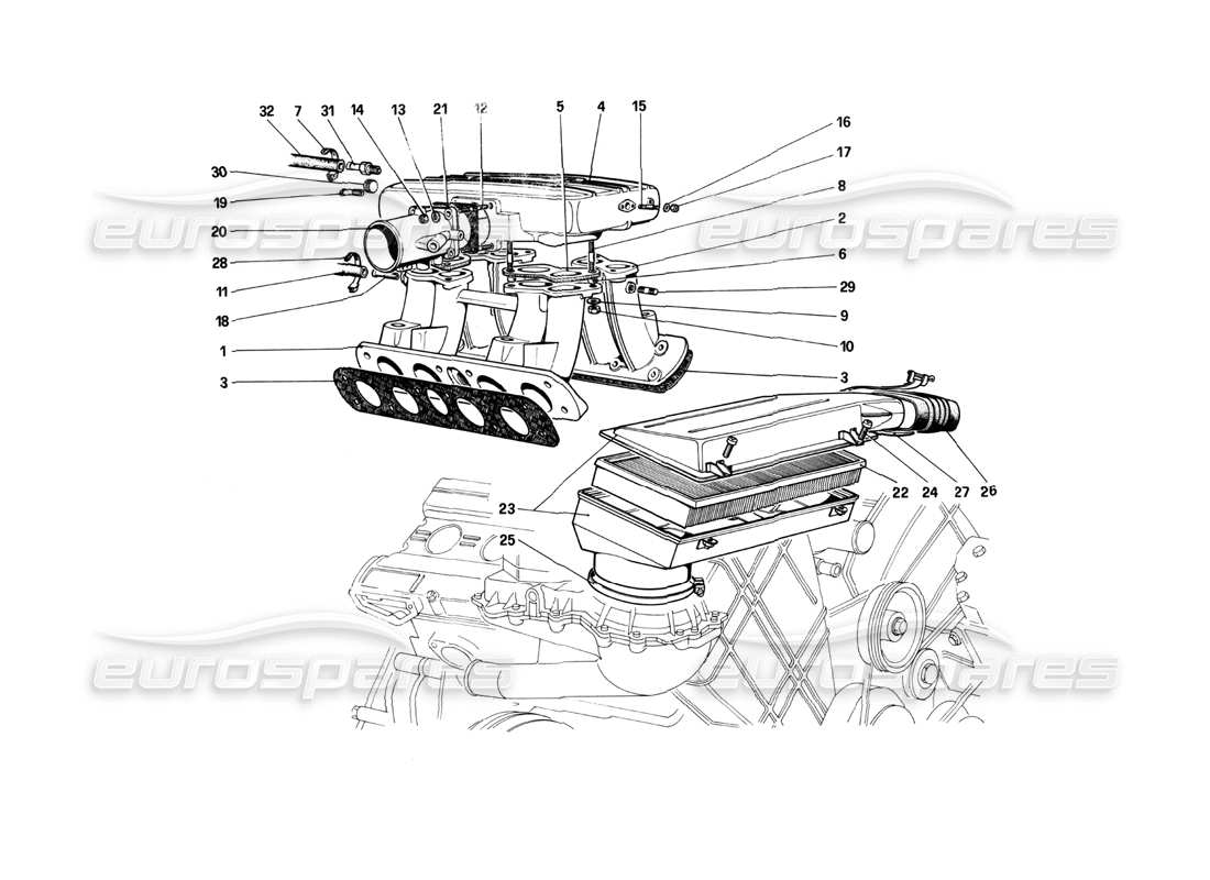 ferrari 208 turbo (1982) aspirazione aria e collettori diagramma delle parti