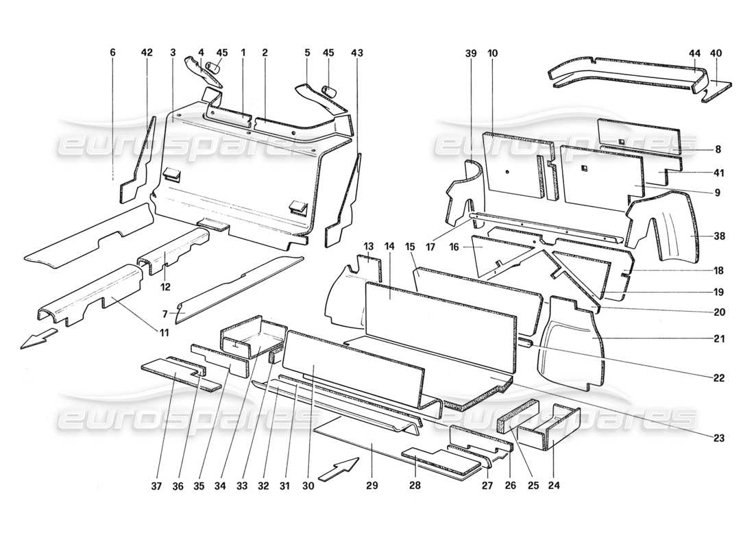 ferrari 328 (1988) isolamento bagagliaio e abitacolo (dalla vettura n. 66967 - non per usa - aus - ch87 - sa - j) diagramma delle parti