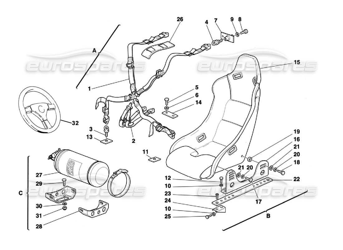 ferrari 355 challenge (1996) schema delle parti cinture di sicurezza del sedile - sedile - estintore