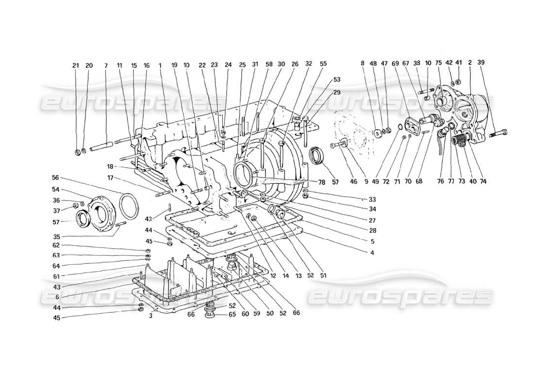 ferrari mondial 3.0 qv (1984) schema delle parti del cambio: alloggiamento del differenziale e coppa dell'olio