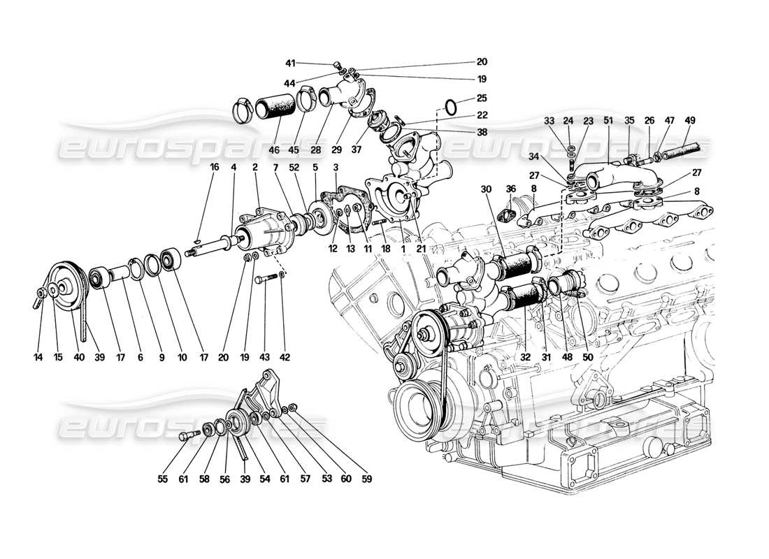 ferrari 328 (1988) pompa dell'acqua e tubazioni diagramma delle parti