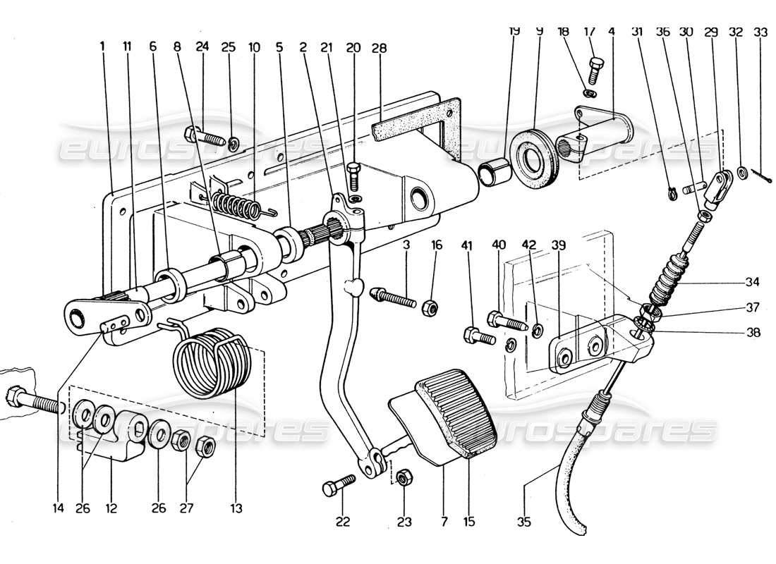 ferrari 365 gt4 2+2 (1973) pedaliera - schema delle parti di controllo della frizione