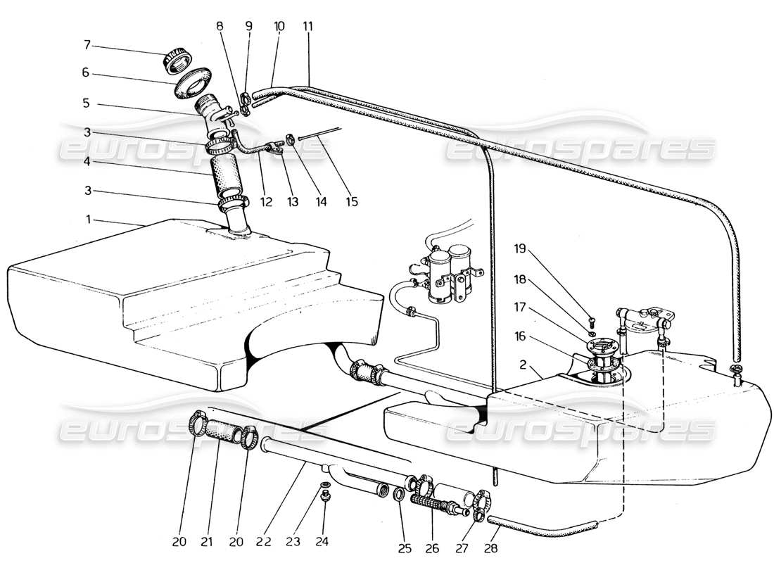 ferrari 365 gt4 2+2 (1973) diagramma delle parti dei serbatoi di carburante e delle tubazioni