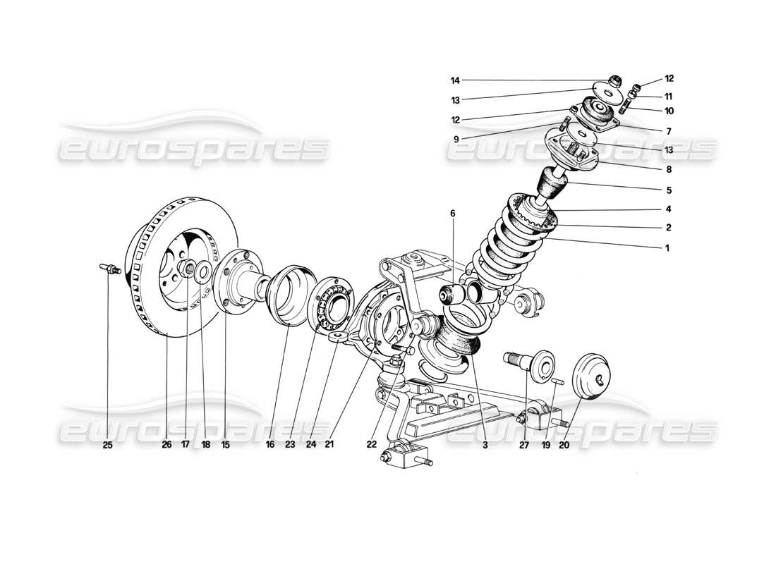 ferrari mondial 3.0 qv (1984) sospensione anteriore - ammortizzatore e disco freno schema delle parti